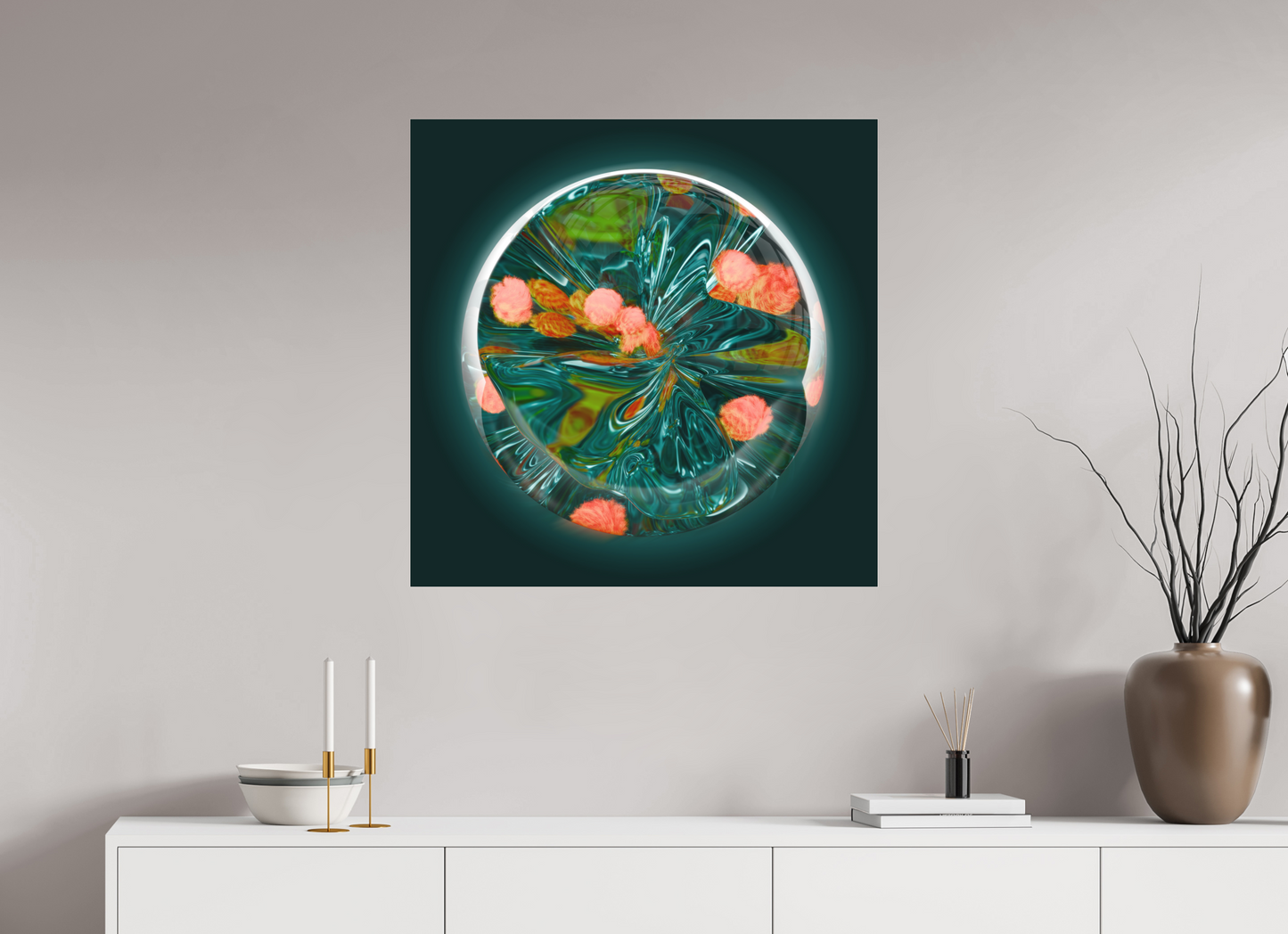 Emerald Lagoon: Dance of the Fire Corals || Acrylic Print, Wall Art, Fine Art Print, Pigment Print, Modern Art, Abstract Art, Digital Art, 3D Rendering, Corporate Art, Modern Design, Art For Offices, Investment Art